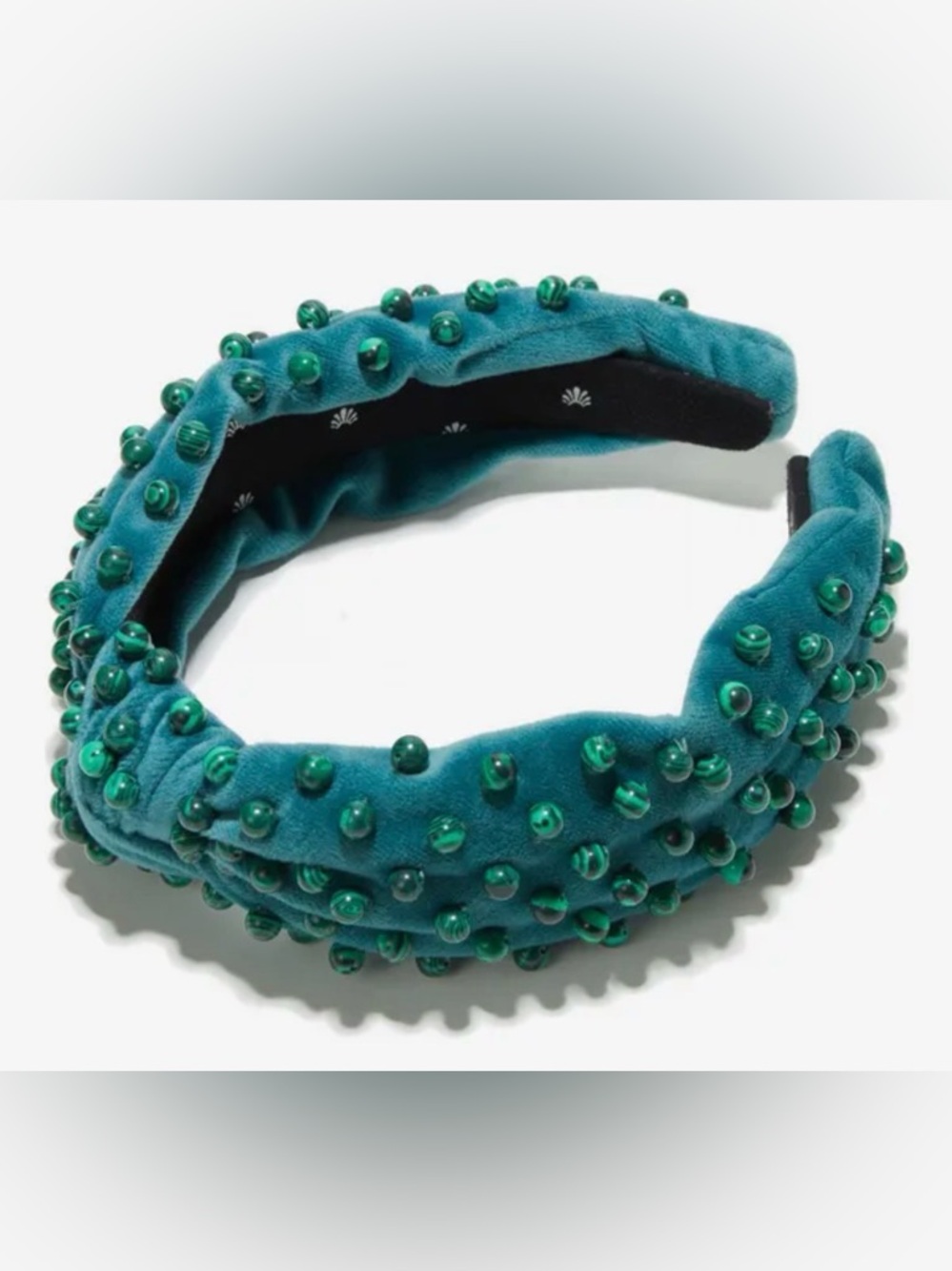 Lele Sadoughi Teal Velvet Knotted Headband with Green Beads